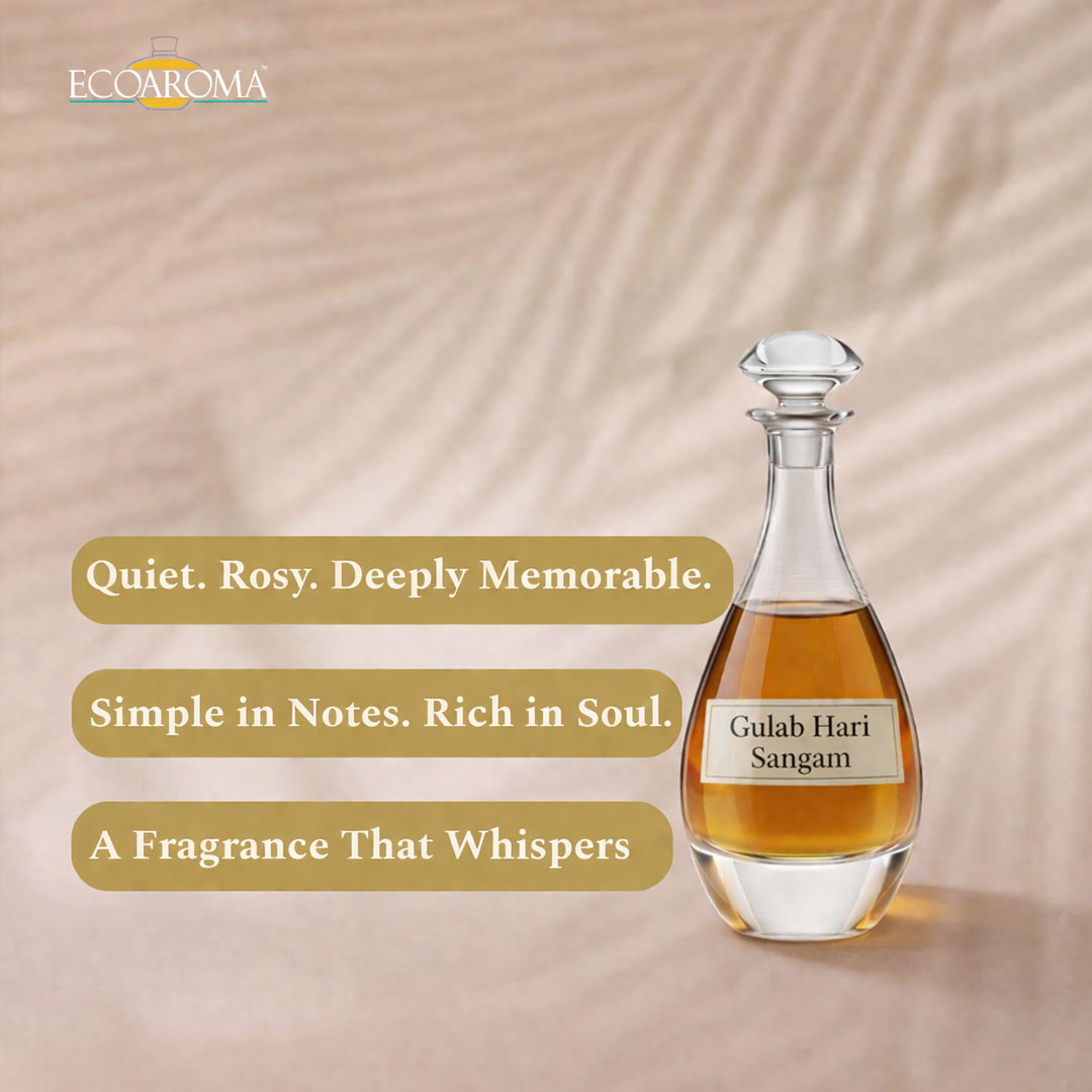 Luxury artisan rose attar perfume oil on elegant beige draped fabric background