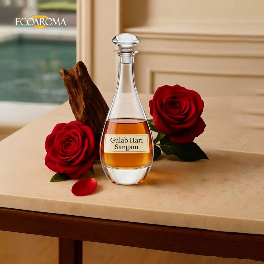 Gulab Hari Sangam luxury rose attar perfume oil bottle with fresh red roses